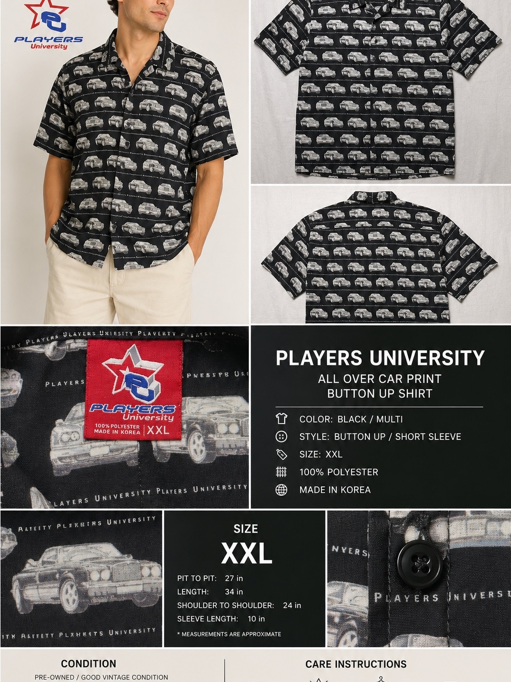 Players Black Polo Shirt with Classic Car Print XXL